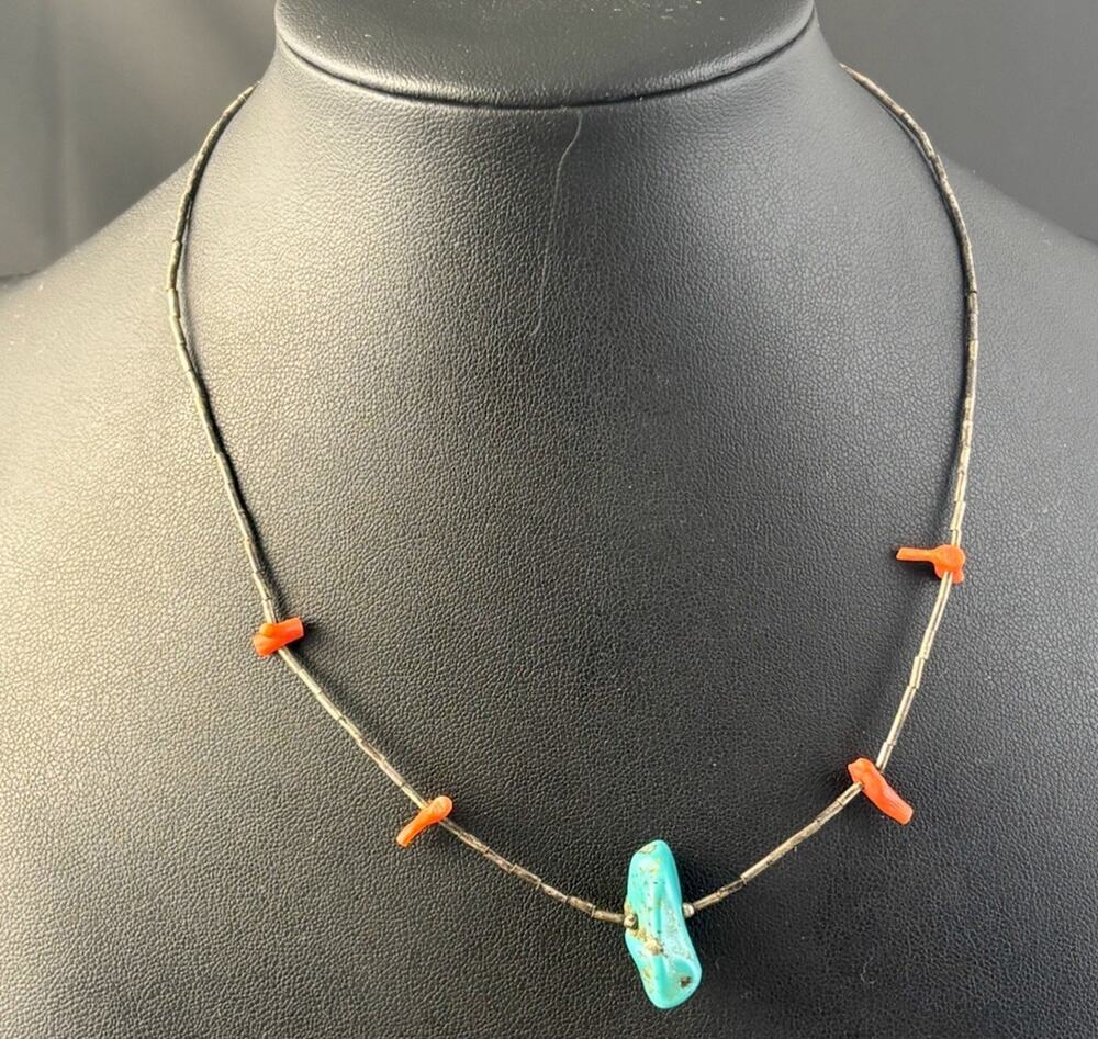Vintage Southwestern 15.5 “Necklace With Turquoise, Coral, Silver Plated Beads